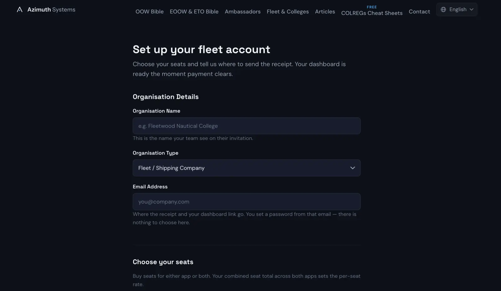 The fleet signup page. Set up your fleet account, with fields for Organisation Name, Organisation Type and Email Address, then a Choose your seats section below.