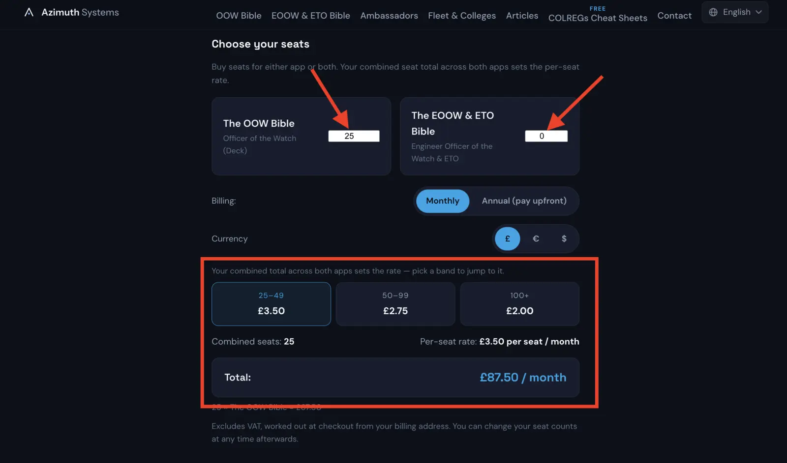 The Choose your seats section: a seat box for The OOW Bible set to 25 and one for The EOOW & ETO Bible set to 0, a Monthly / Annual toggle, a currency selector, the three volume bands with 25–49 highlighted, and a total of £87.50 per month.