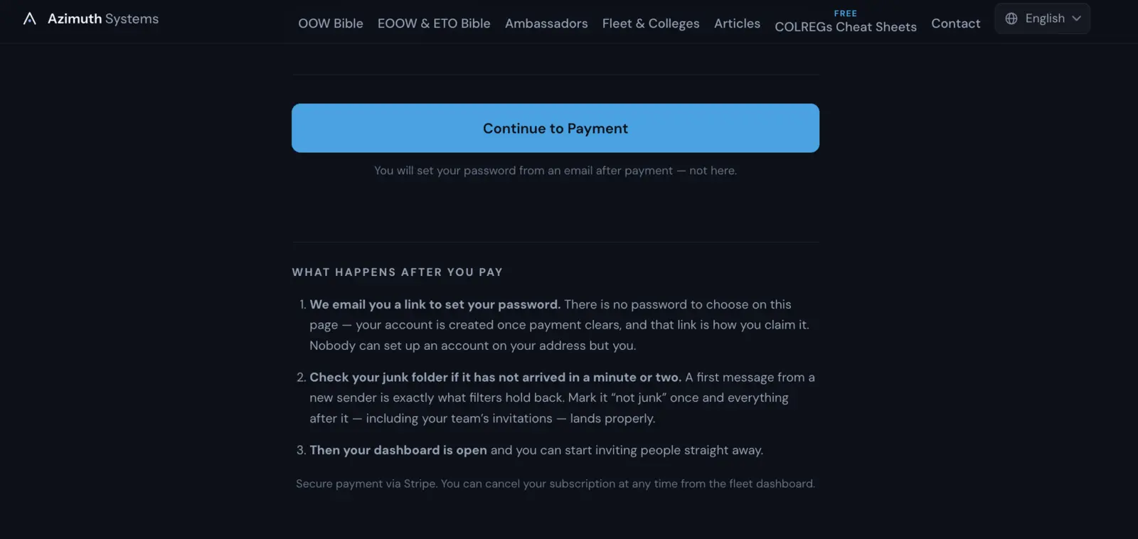 The Continue to Payment button, and beneath it a What happens after you pay panel: we email you a link to set your password, check your junk folder if it has not arrived, then your dashboard is open.