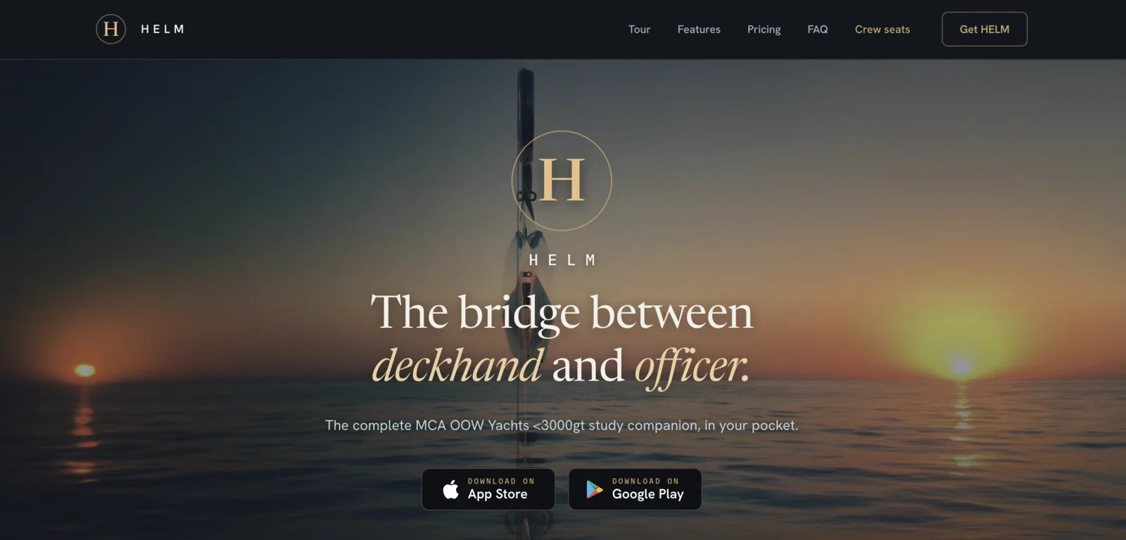 The HELM landing page. The header navigation reads Tour, Features, Pricing, FAQ, Crew seats, and a Get HELM button.