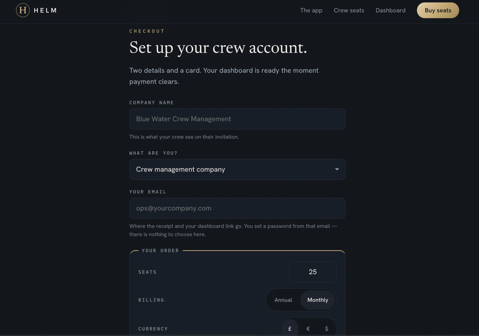 The HELM crew checkout page, with fields for company name, organisation type and email address, and an order summary showing 25 seats.