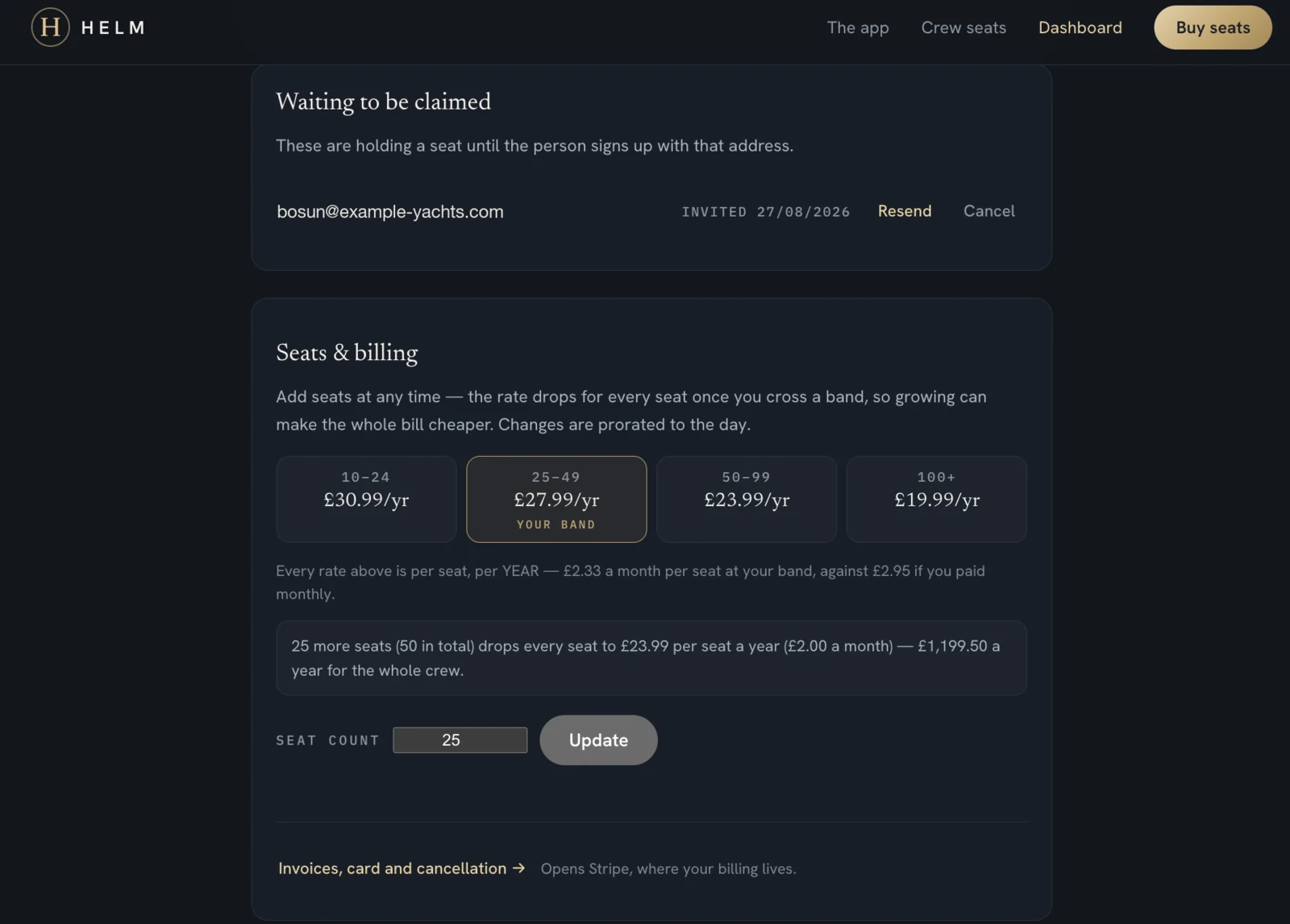 The ‘Waiting to be claimed’ and ‘Seats and billing’ panels, showing a pending invitation with Resend and Cancel, the four price bands, and a link to Stripe.