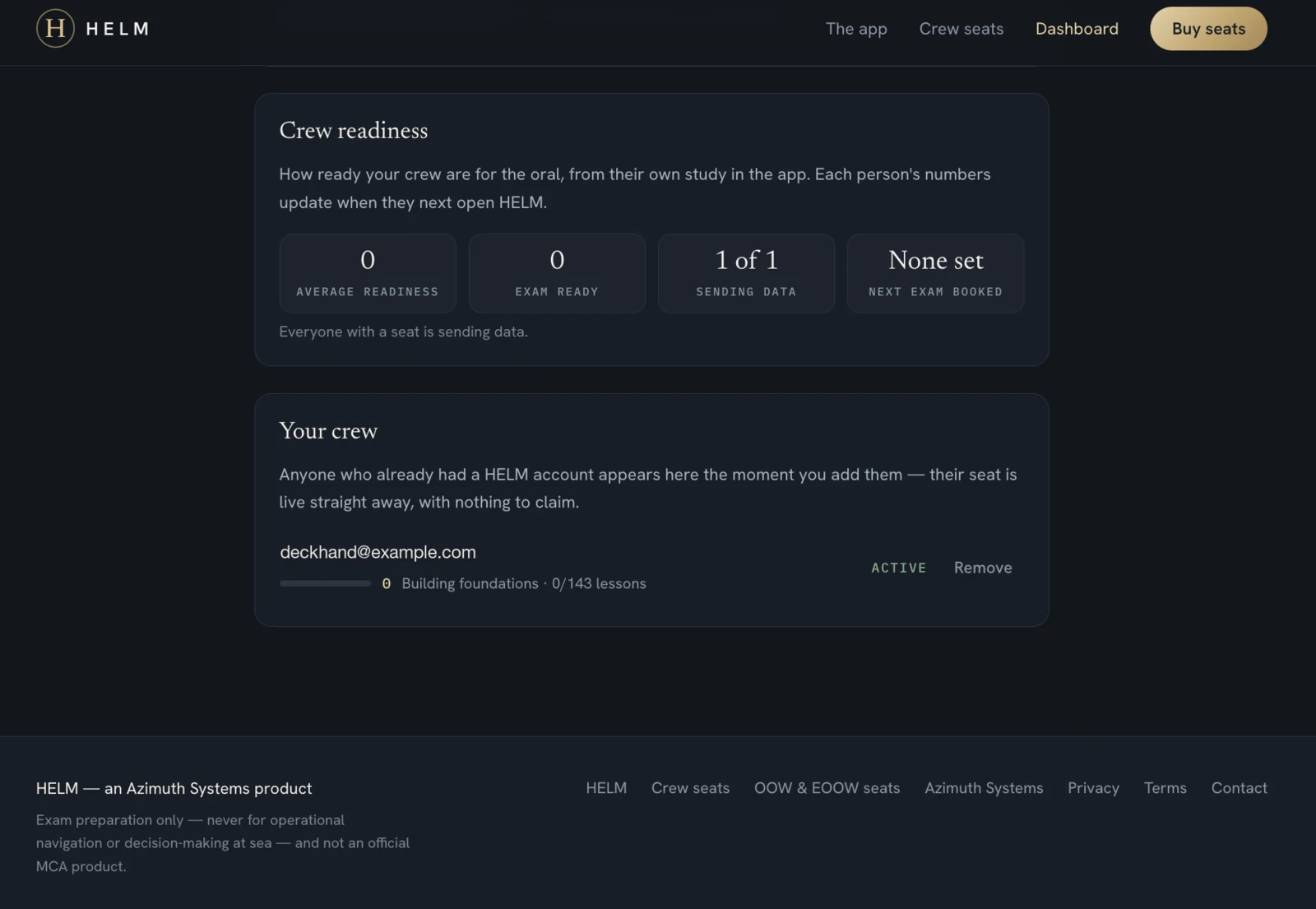 The Crew readiness panel showing average readiness, exam ready, sending data and next exam booked, above the Your crew list with a per-person progress line.