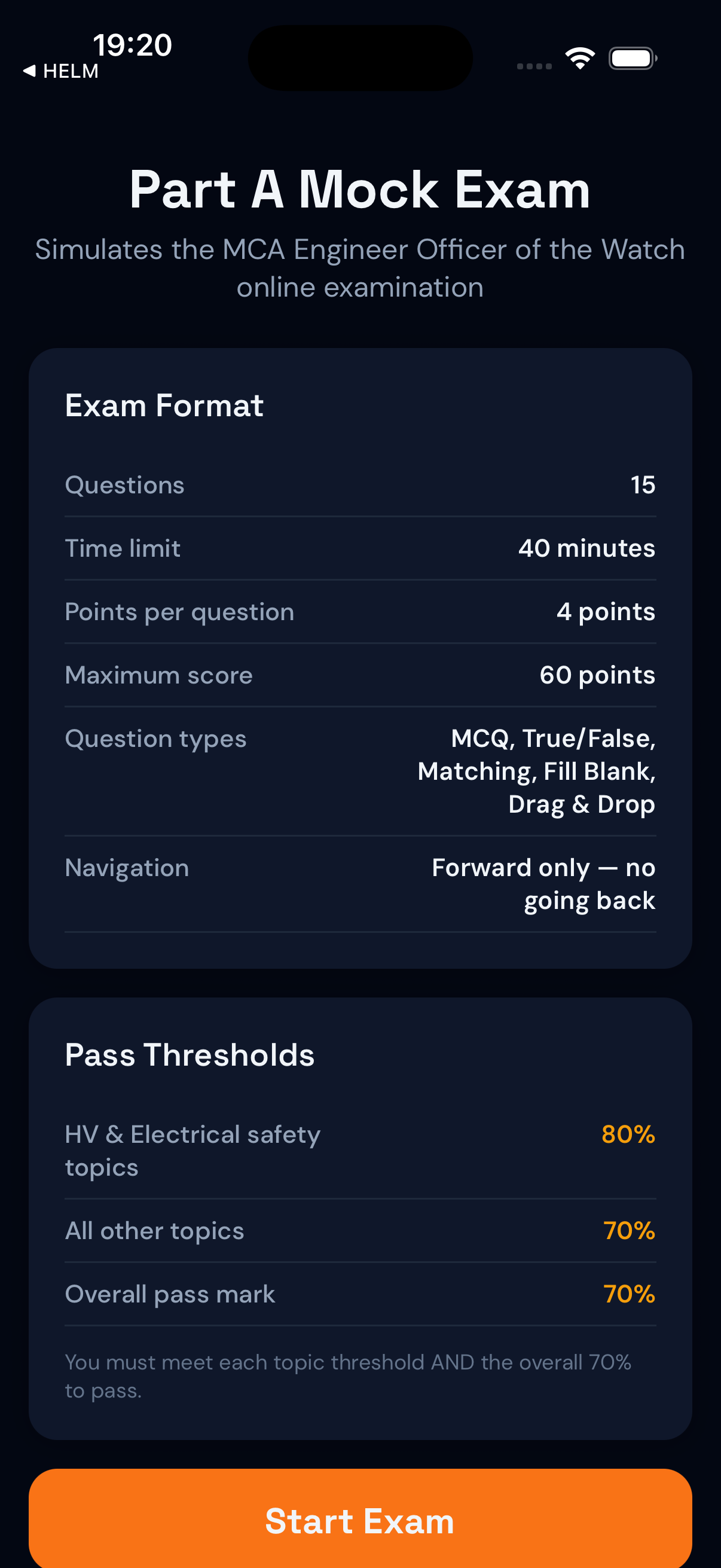 Part A mock exam format screen showing the exam structure