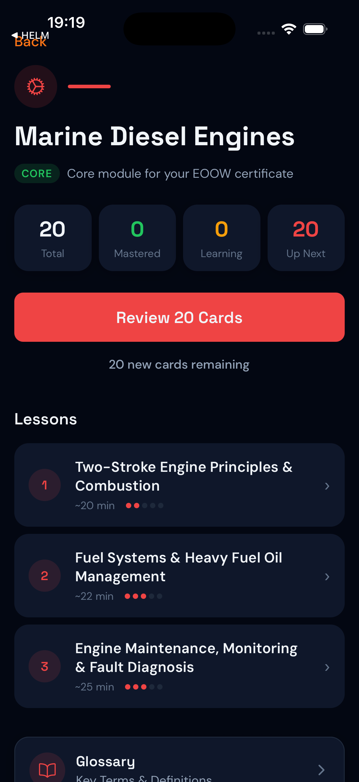 Marine Diesel Engines module with flashcard review and lessons