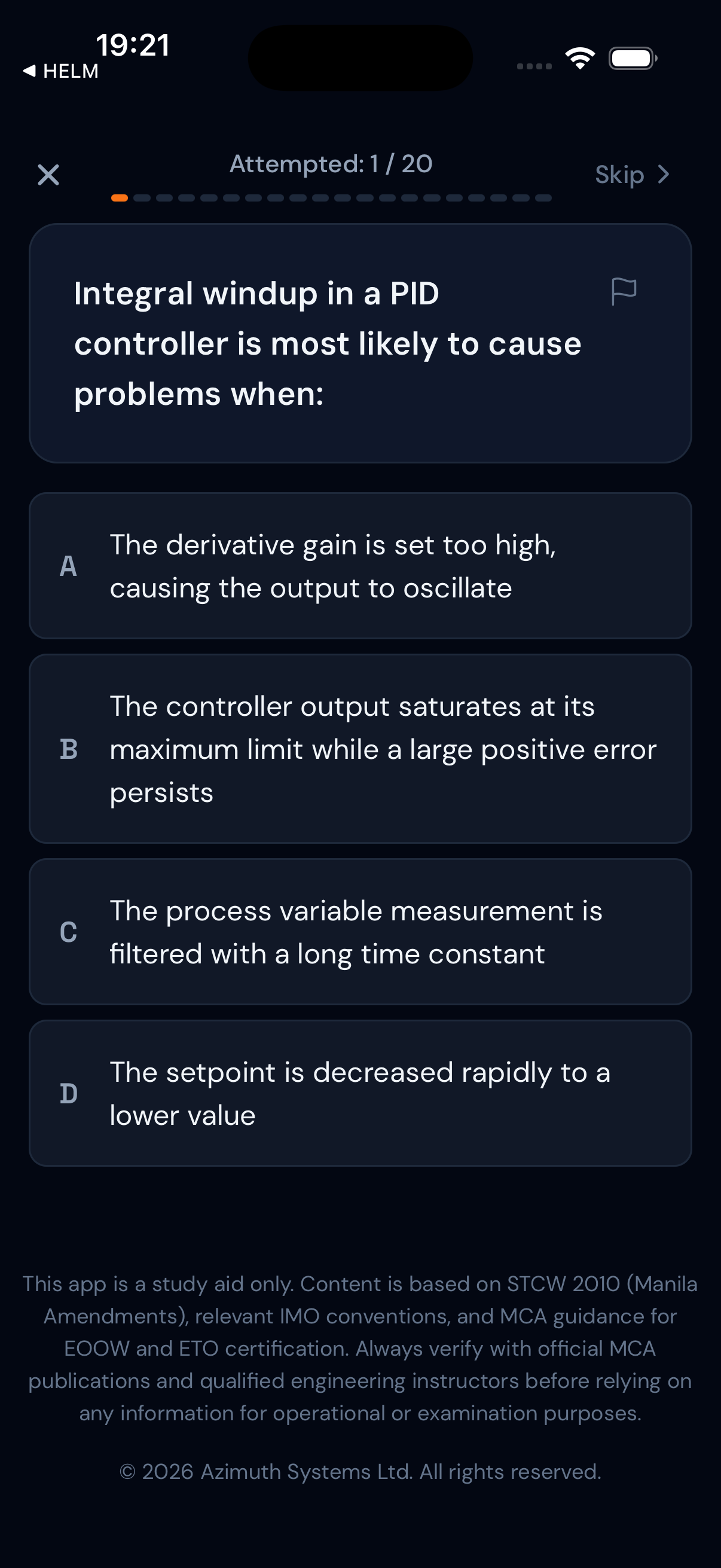 Multiple choice question on PID controller integral windup