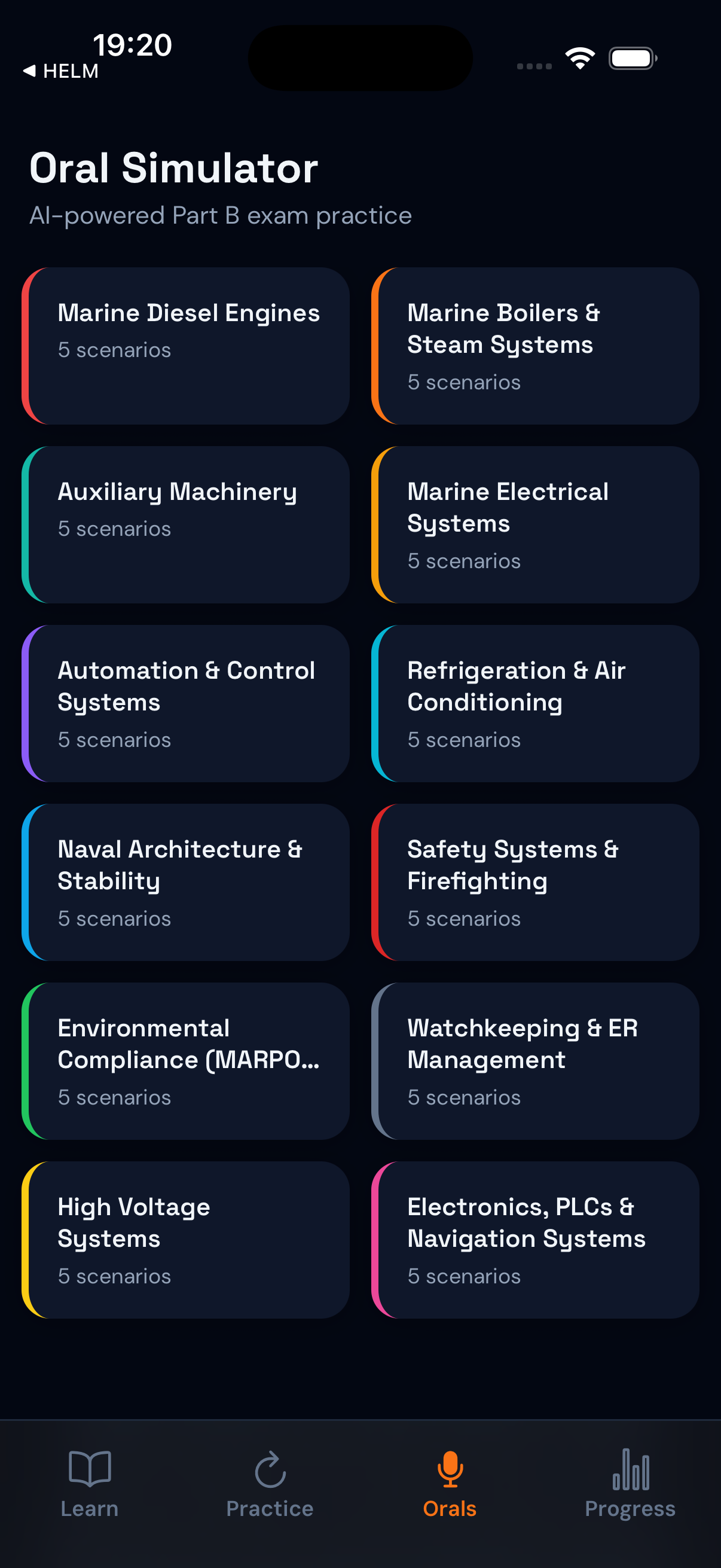 AI oral simulator showing engineering module selection