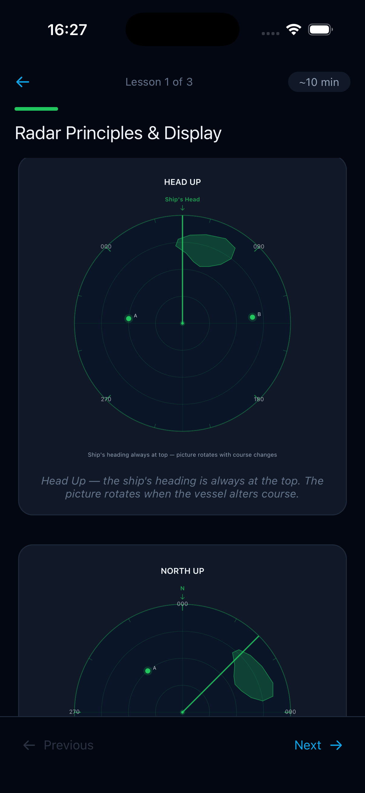 Animated radar display diagram in lesson