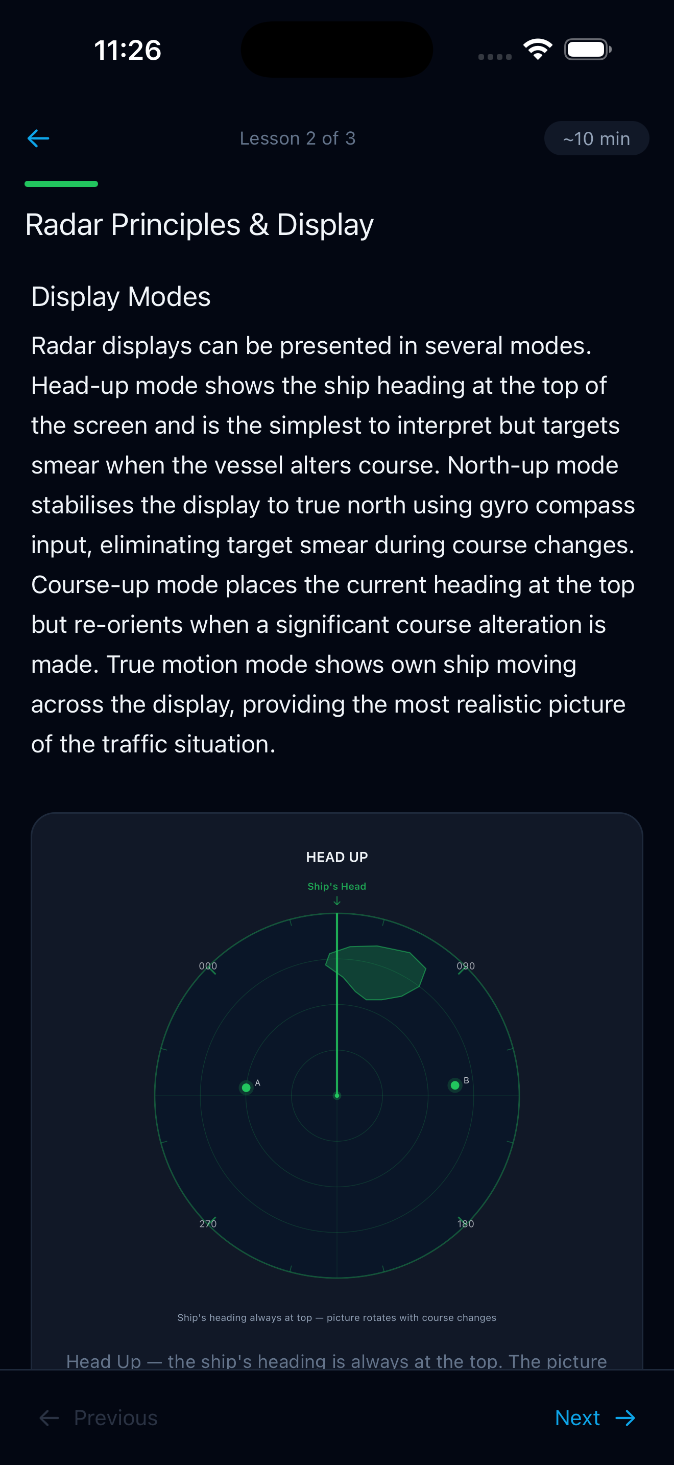 Animated radar display diagram in lesson