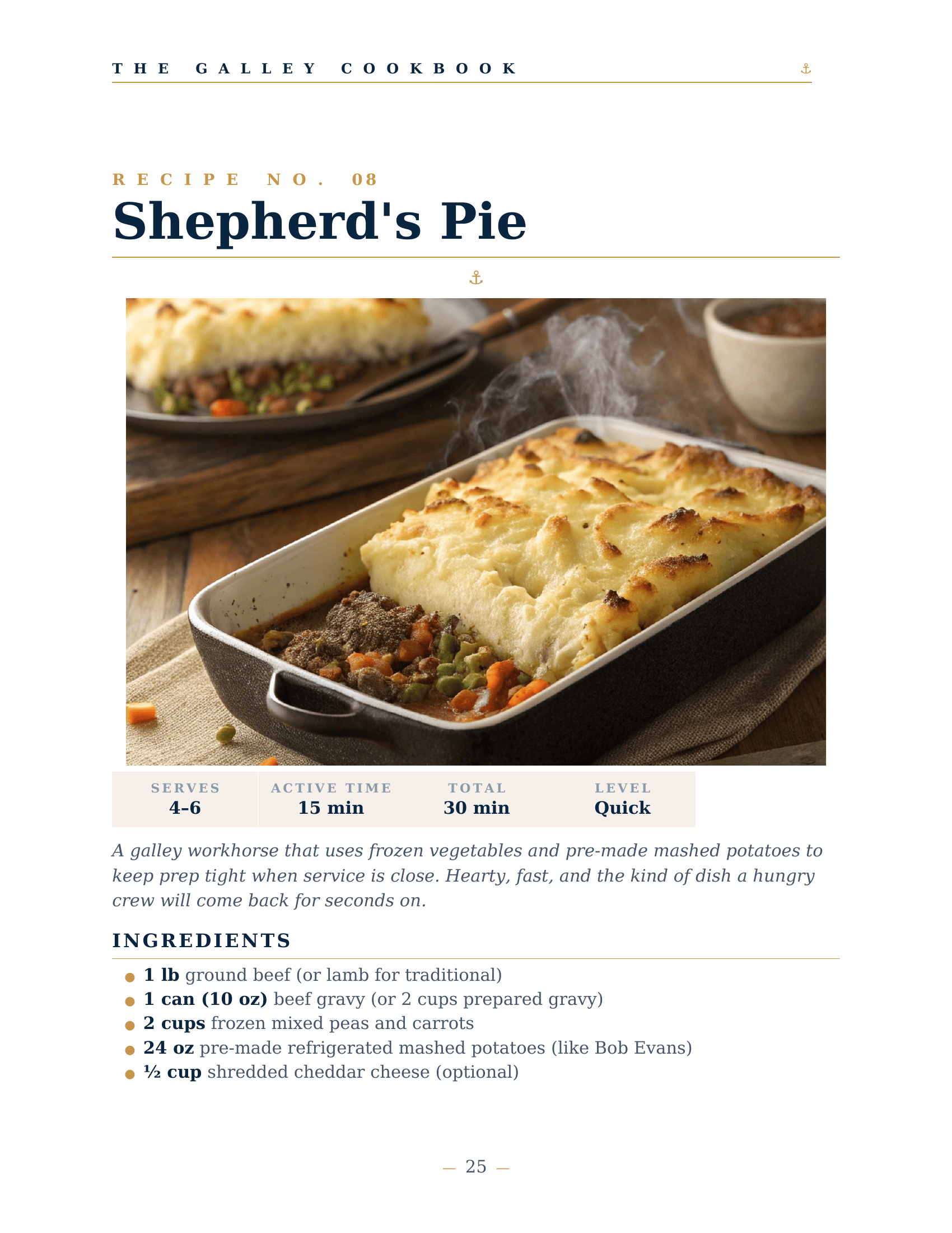 Shepherd's Pie recipe page from The Galley Cookbook — title, photo of the finished dish, serves/active time/total/level summary, and the start of the ingredients list