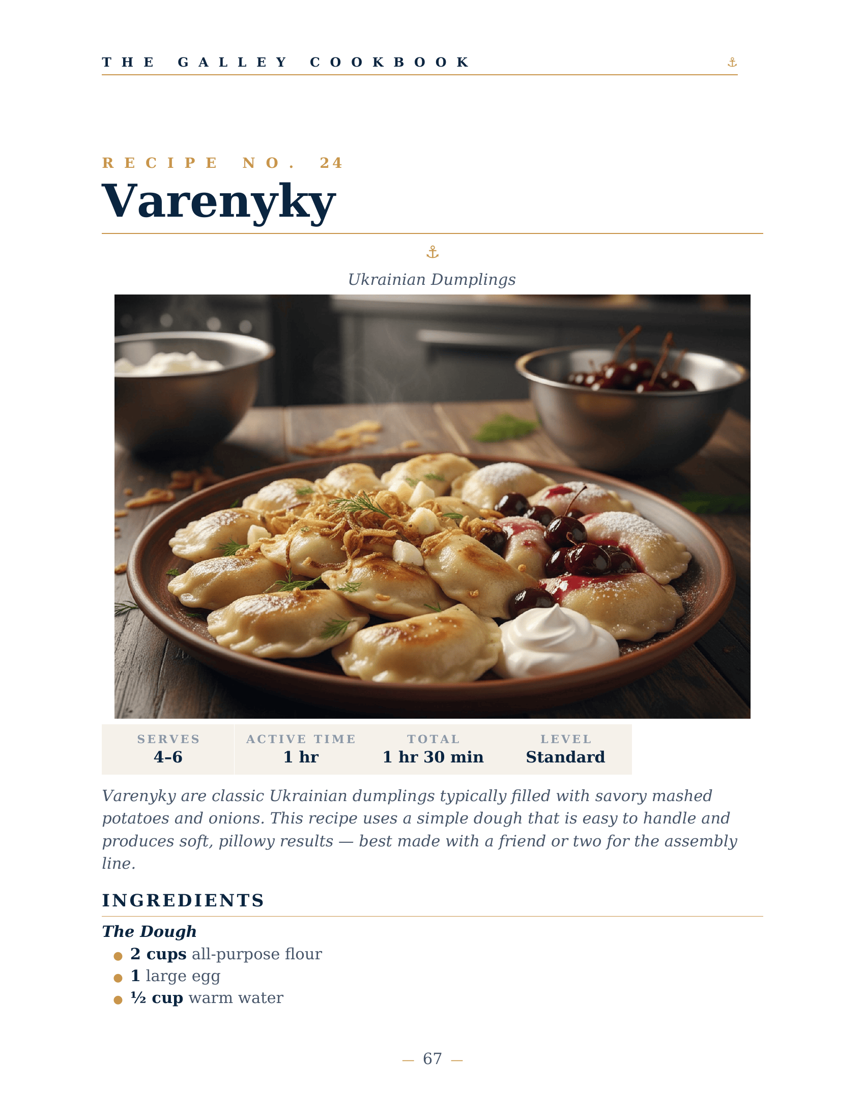 Varenyky recipe page from The Galley Cookbook — Ukrainian Dumplings subtitle, photo of the finished dish with sour cream and cherries, serves/active time/total/level summary, and the start of the ingredients list