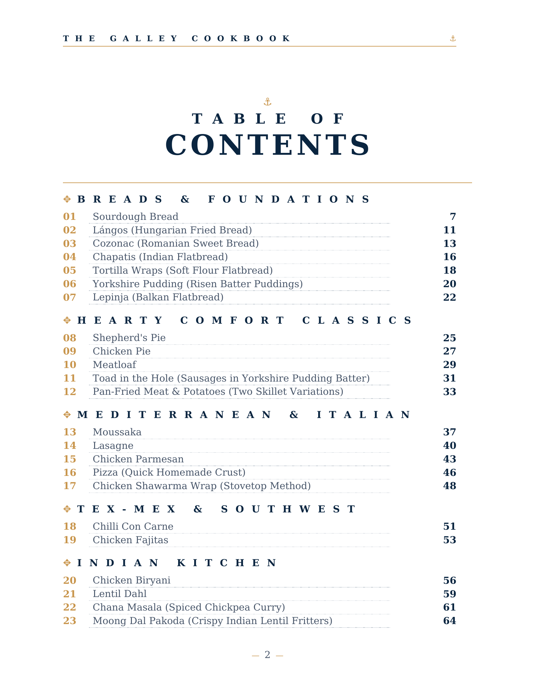 Table of contents page 1 — Breads & Foundations through Indian Kitchen sections